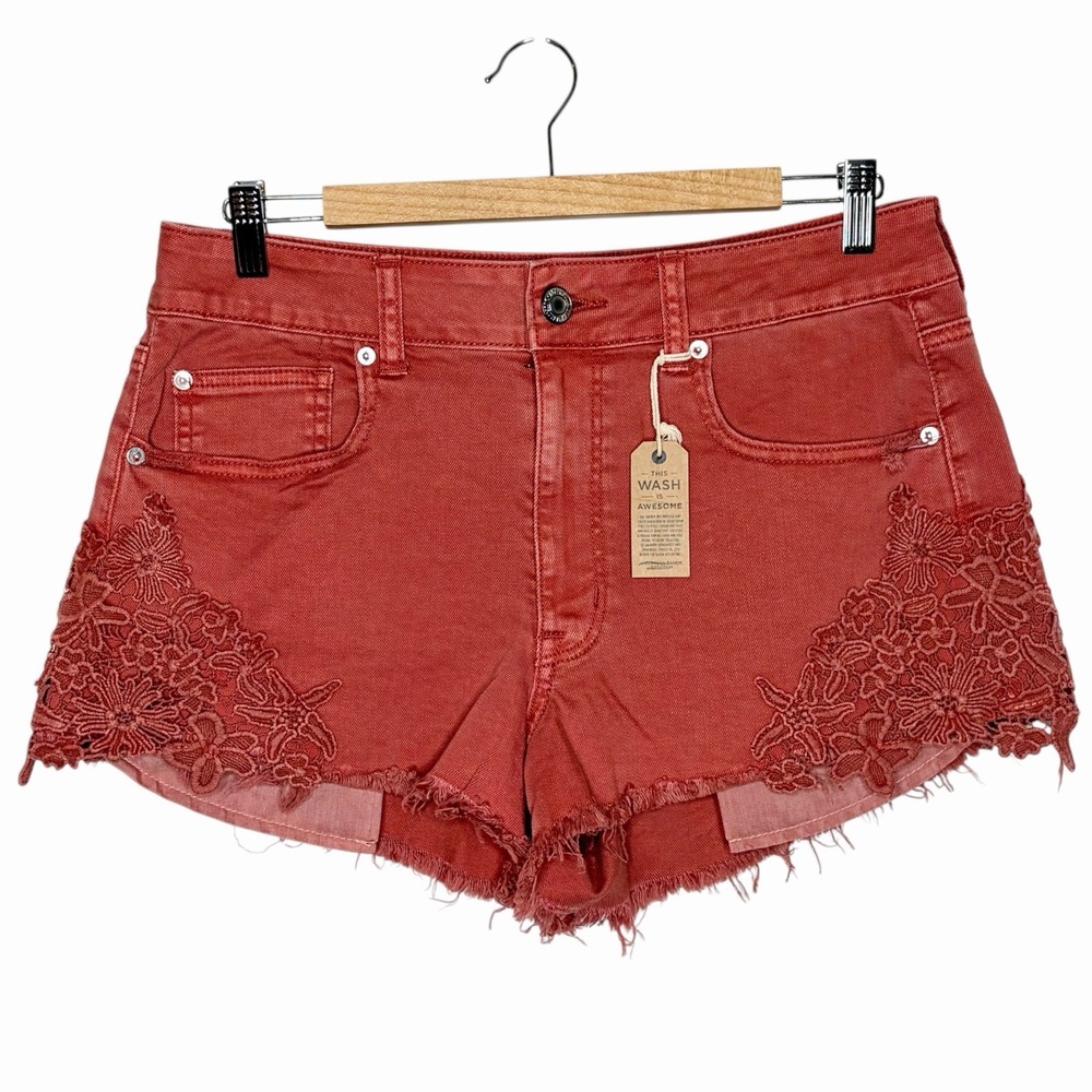 American Eagle Lace Denim High Rise Festival Shorts Orange Red Womens 12 Boho